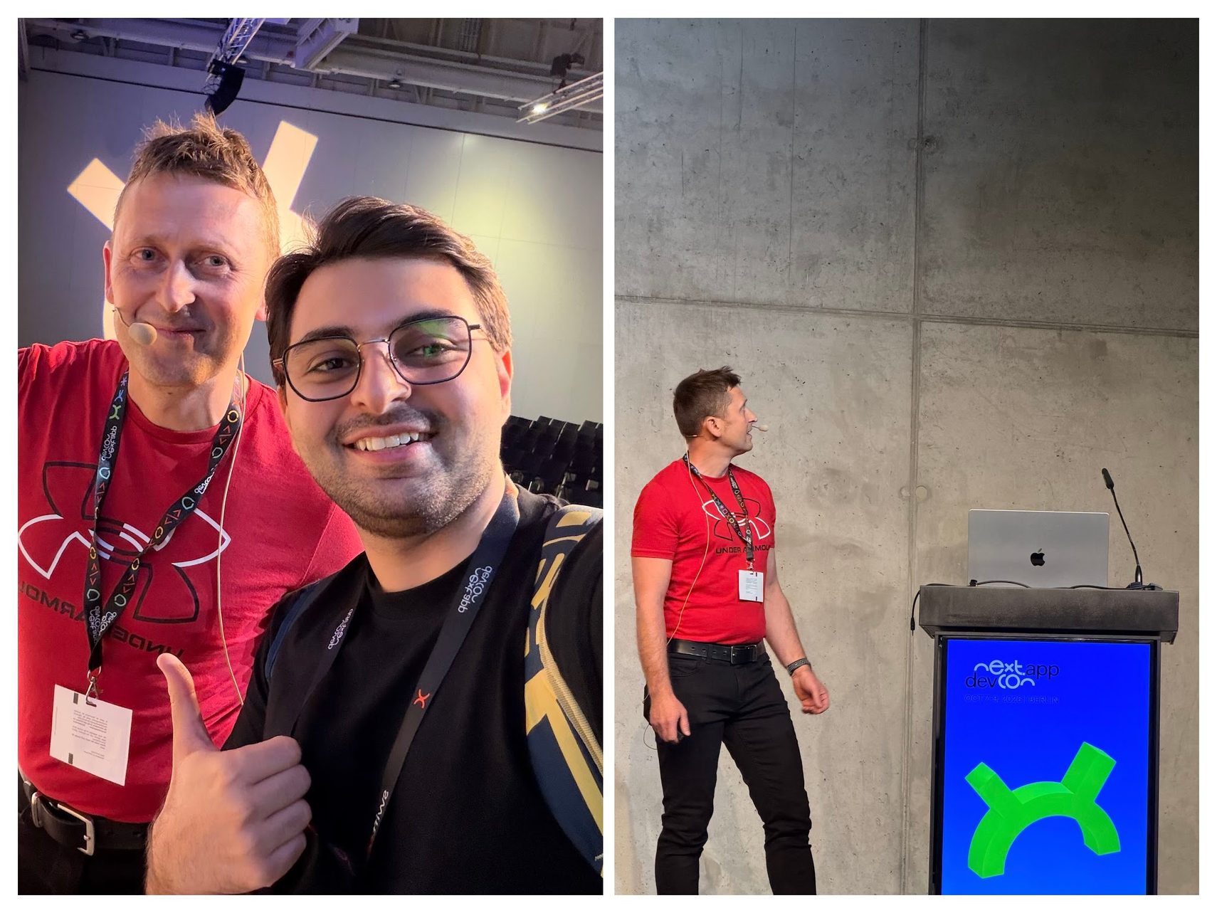 A selfie with a fellow attendee and MJ by the podium at droidCon Berlin 2026
