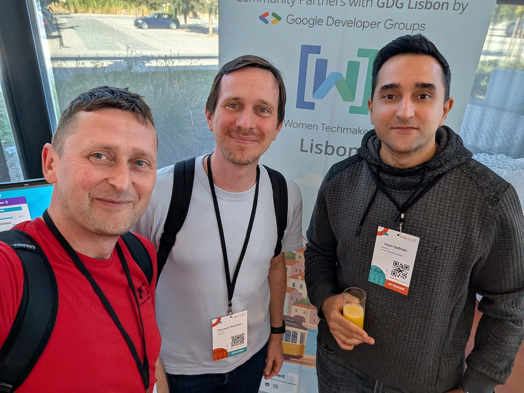 MJ with two fellow attendees at droidCon Lisbon 2026